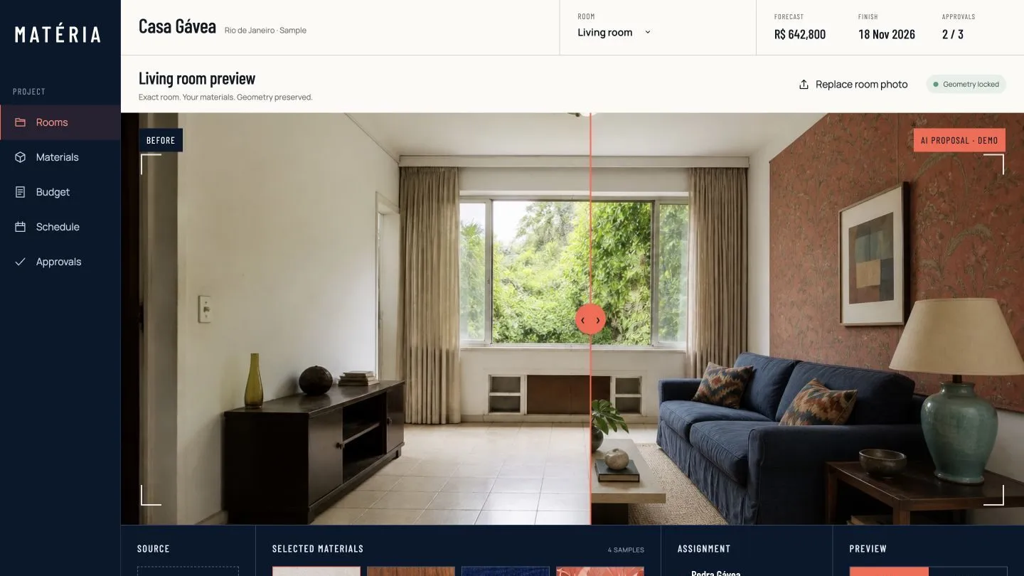 The Matéria platform: materials, room preview, cost and approvals