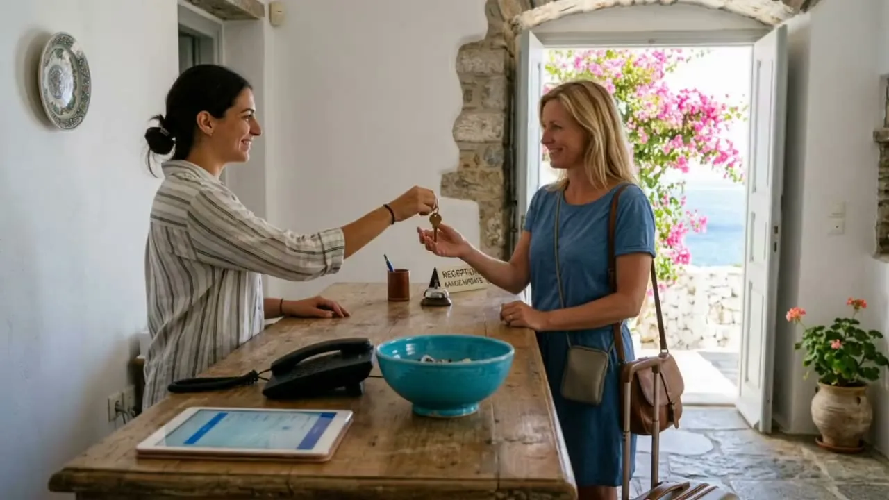 Reception of a small hotel on a Greek island, calm, the phone silent